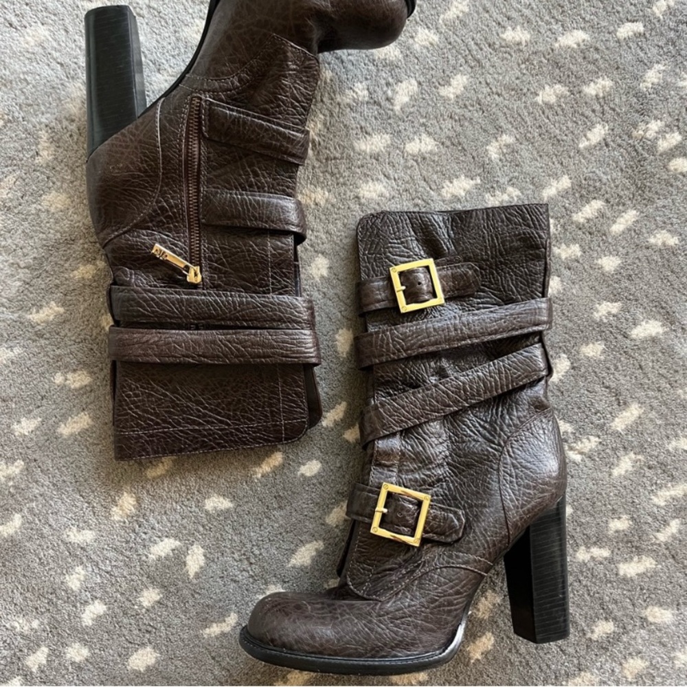 Tory Burch Dark Brown Buckled Leather High-Heel Moto Boots